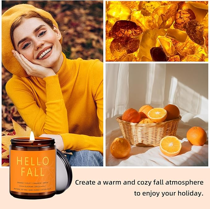 Fall Scented Candles Hello Fall 7oz – Warm Pumpkin Spice & Sweet Apple Soy Wax Candle for Cozy Autumn Home Décor, Perfect Fall Gift, 50 Hour Long Burn