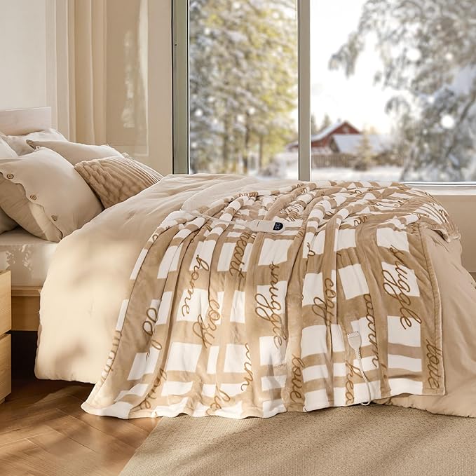 Bedsure Healing Electric Blanket Twin - Soft Flannel Sherpa Heated Blanket with Inspirational Words, Gift for Grandma, Heating with 6 Heating Levels, 10 Time Settings, 8-Hour Auto-Off (62x84 inches)