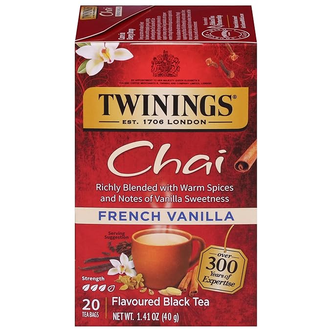 Twinings French Vanilla Chai Black Tea Individually Wrapped Bags, 20 Count (Pack of 1), Warm, Sweet & Spicy, Caffeinated, Enjoy Hot or Iced, 20 Teabags