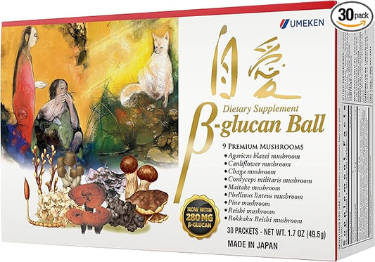 Umeken Beta Glucan, Immune Boost, Mushroom Extract, Dietary Supplement, Blend of 9 Premium Mushroom Extract Packets, Easy to Take Beta Glucan Supplements, 1 Month Supply, 30 Count Box, Pack of 1