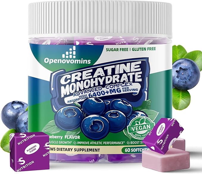 Creatine Monohydrate Soft Chews Complex 6400mg for Men & Women -Advanced Formula W/L-Taurine + Vitamin B12, Sugar Free Chewable Supplement,60 Blueberry Softchews
