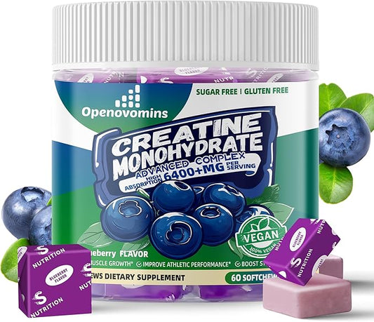 Creatine Monohydrate Soft Chews Complex 6400mg for Men & Women -Advanced Formula W/L-Taurine + Vitamin B12, Sugar Free Chewable Supplement,60 Blueberry Softchews