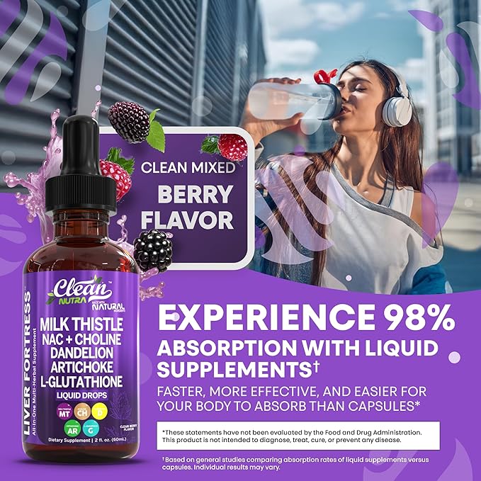 Clean Nutraceuticals Milk Thistle NAC Liver Cleanse Detox & Repair Supplement Liver Support Liquid Drops with Dandelion Extract, Artichoke, Chanca Piedra, Choline, L-Glutathione, Burdock, Schisandra