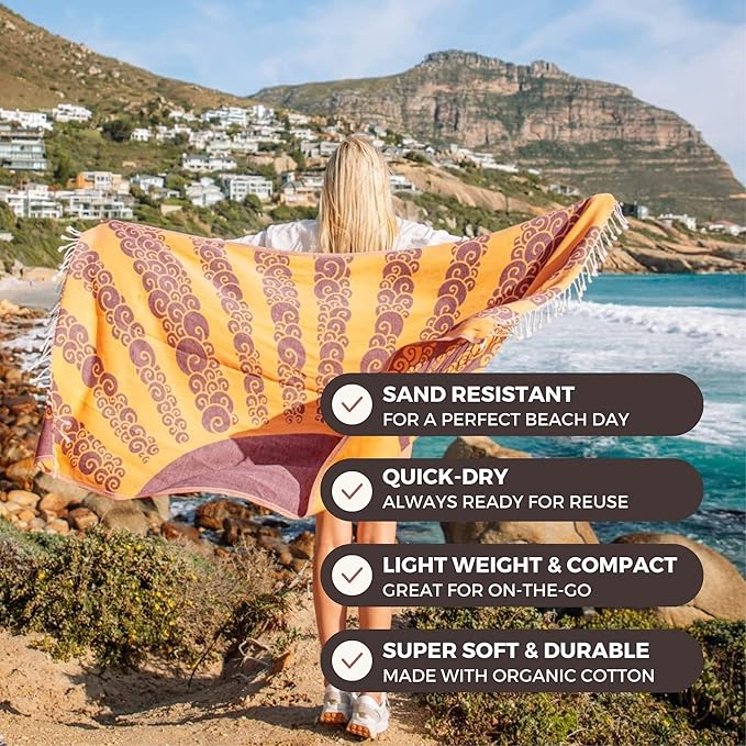 FESHKA Sand Free Turkish Beach Towel (37 x 67) Quick Dry Bath Towel, Oversized Beach Blanket, Lightweight for Travel - Made with 100% Organic Turkish Cotton - Golden Hour (Yellow/Maroon)