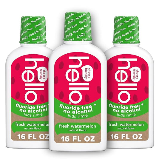 Hello Natural Watermelon Flavor Kids Fluoride Free Rinse, Alcohol Free, Vegan, SLS Free, Mouthwash for Kids Age 6 and Up, 16 Fl Oz (Pack of 3)