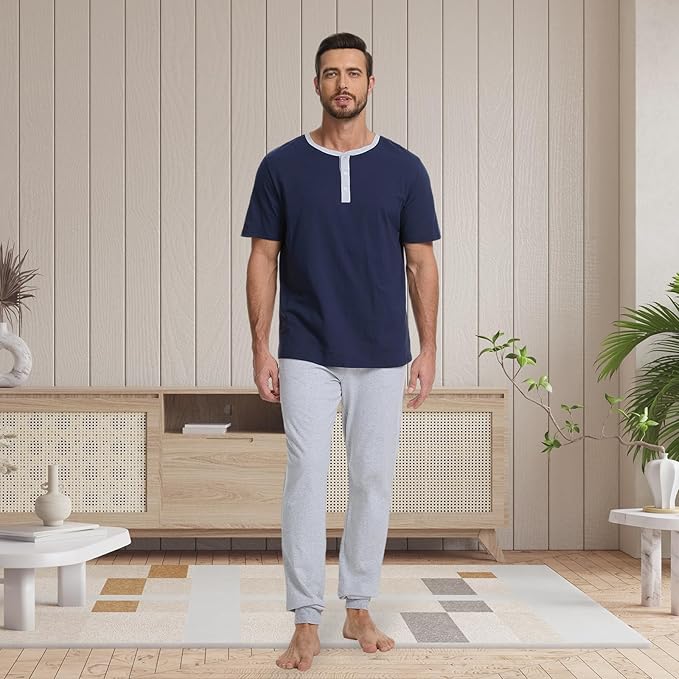Men's Pajama Set with Henley Neckline 100% Cotton Soft and Comfortable Nightwear 2-Piece Lounge Set