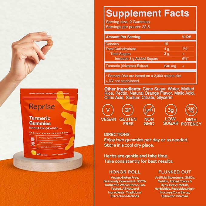 Turmeric Gummies for Women | Turmeric Supplement Gummies for Inflammation | Turmeric Gummies for Adults | Natural Curcumin, Low-Sugar, Vegan, Mandarin Orange Flavor, 45 Count