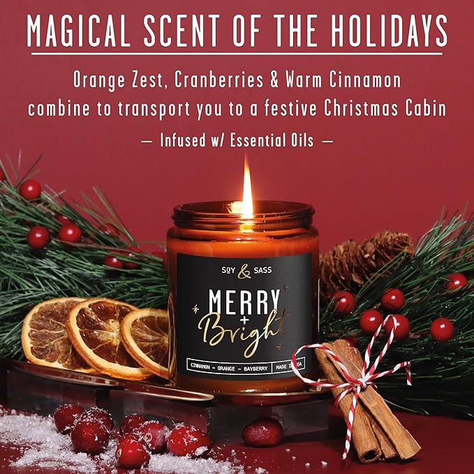 Christmas Candles Scented – ‘Merry & Bright’ Soy Christmas Candle, w/Cranberries, Cinnamon & Orange - Infused with Essential Oils I Holiday Candles I 9oz, 50Hr, Made in USA