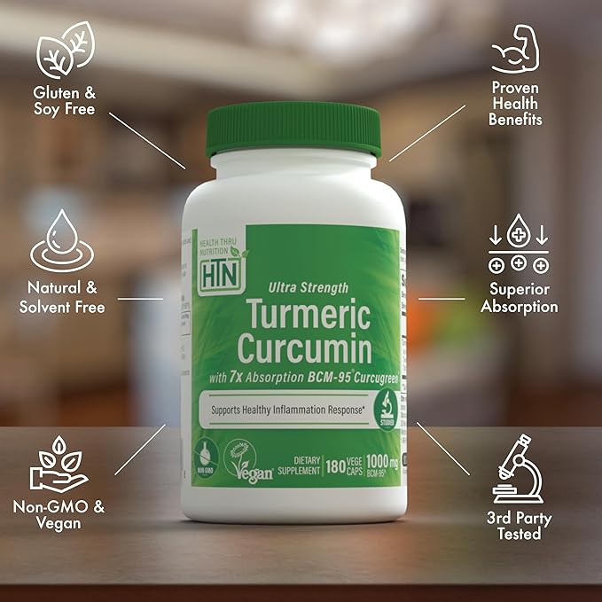 Health Thru Nutrition Turmeric Curcumin Complex 1000mg Supplement | as BCM-95 Curcugreen Clinically Studied | Vegan Certified (Pack of 180)