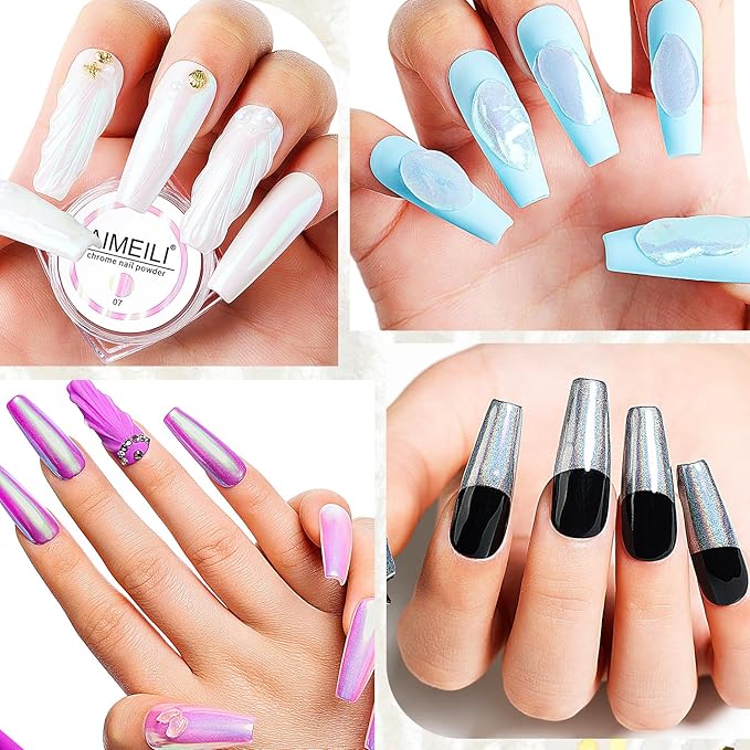 AIMEILI Pearl Chrome Nail Powder 6 Boxes Nail Art Manicure Powder Set, 1×0.5g Holographic Powder, 5×0.5g Chrome Nail Powder