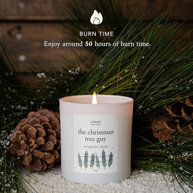 Literie NYC Inspired Scented Candle: The Christmas Tree Guy - Evergreen & Cloves Scent, 9oz, 50 Hour Burn, Vegan Soy & Coconut Blend Candle for Home Decor, Gift for Women & Men