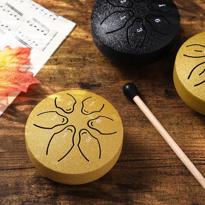 Facmogu 3 Inch 6 Notes Rain Drum for Outside Garden, Steel Tongue Drum Hand Drums with Bag Sticks Music Book, Mini Chakra Drum Musical Education Entertainment Gifts for Kids - Gold (Bowling Pattern)