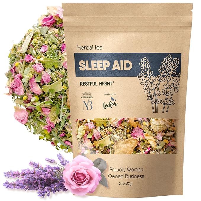 Sleep Aid Herbal Tea – Organic Calming Blend with Lemon Balm, Lavender, Linden, Chamomile, California Poppy, Passionflower, and Verbena – Supports Deep Sleep, Stress Relief and Relaxation