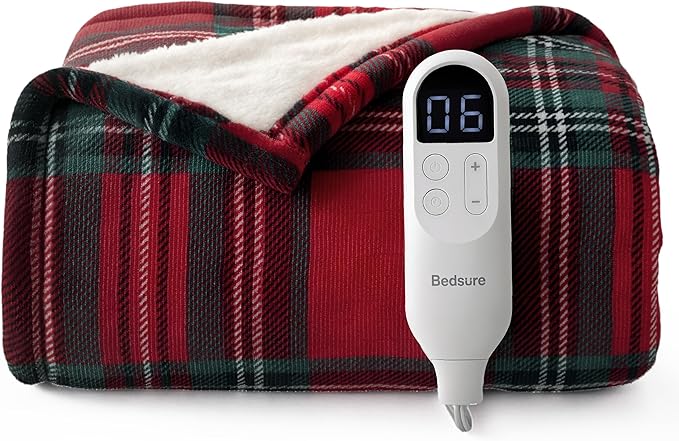 Bedsure Plaid Heated Throw Blanket - Flannel Sherpa Electric Blanket with Plaid Pattern, for Grandma, Heating with 6 Heating Levels, 4 Time Settings, 3-Hour Auto-Off (Red, 50"x60")