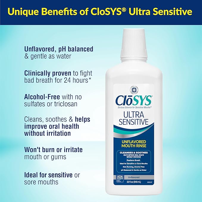 CloSYS Ultra Sensitive Mouthwash, Unflavored Alcohol Free, Dye Free, pH Balanced, Helps Soothe Entire Mouth – 32 Oz (Pack of 2)