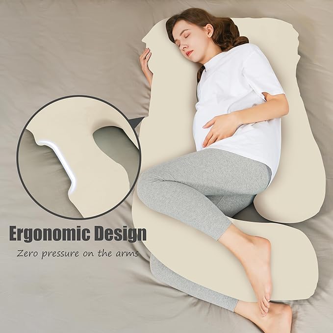 HIPHOP PANDA U-Shaped Pregnancy Pillow for Sleeping - Full Body Maternity Support Pillow with Cooling Removable Cover - Comfort for Back, HIPS, Legs, Belly - 57 Inch for Pregnant Women, Ivory