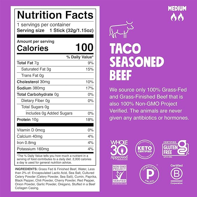 Chomps Grass-Fed and Finished Taco Beef Jerky Snack Sticks 10-Pack - Keto, Paleo, Whole30, 10g Lean Meat Protein, Gluten-Free, Zero Sugar Food, Non-GMO