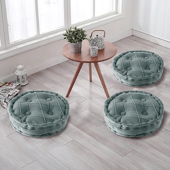 Round Velvet Meditation Cushion Pouf, Soft Tufted Floor Pillow for Living Room and Bedroom, 17.8 inch, Gray
