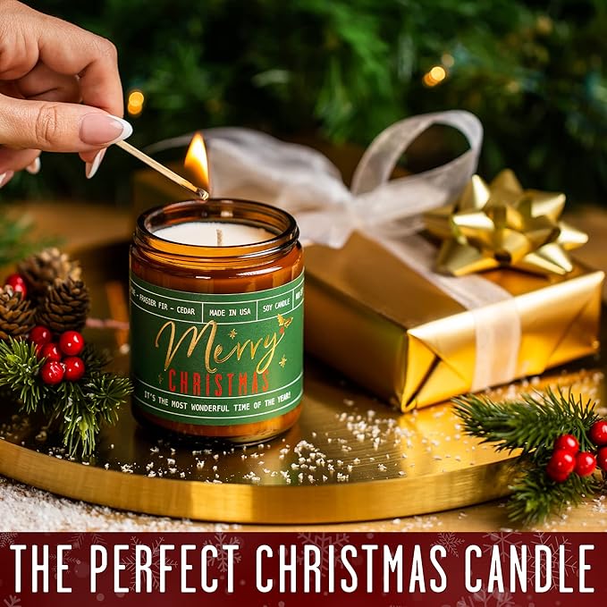 Christmas Candles - 'Merry Christmas' Christmas Scented Holiday Candles, w/Pine, Frasier Fir, Cedar I Christmas Tree Candle I Stocking Stuffers for Women I 9oz, 50Hr, USA Made