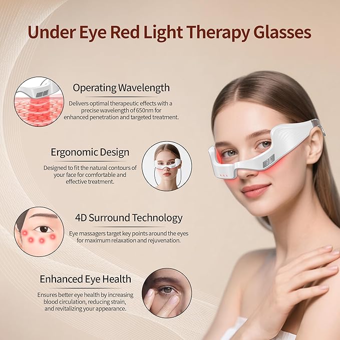 Under Eye Red Light Therapy Device, 650nm Red Light Therapy Eye Massager for Relieve Eye Bags, Eye Fatigue, Dark Circles, with Glasses Strap, Light-Weight, Hands-Free Use