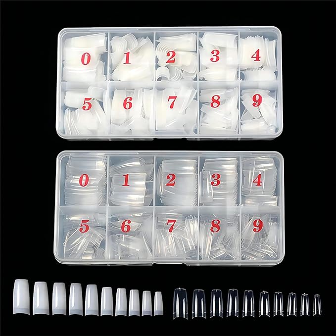 1000pcs Clear and Natural Acrylic Nail Tips,10 Size French Nail Tips For Acrylic Nails Half Cover False Nails Extension Artificial Fingernails