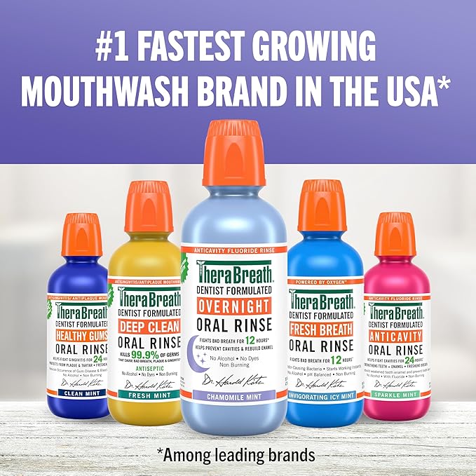TheraBreath Overnight Mouthwash, Fights Bad Breath for 12 Hours, Chamomile Mint Flavor, Dentist Formulated, Fluoride Rinse, Alcohol Free, 16 fl oz (Pack of 2)