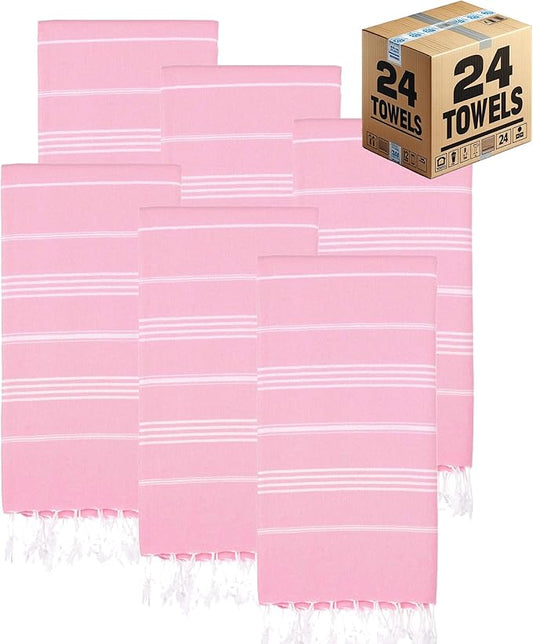 Turkish Beach Towels, Bulk Case of 24 | Oversized, Quick Dry, Sand Free | 100% Cotton, Large 38x71 Towels for Beach, Pool, Travel | Ultra-Soft, Compact, Absorbent | Pink