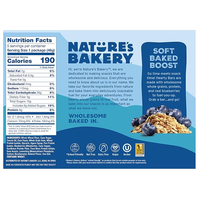 Nature’s Bakery Hearty Bars Blueberry, Whole Grains, Dairy-Free, Snack Bar, 30 Count