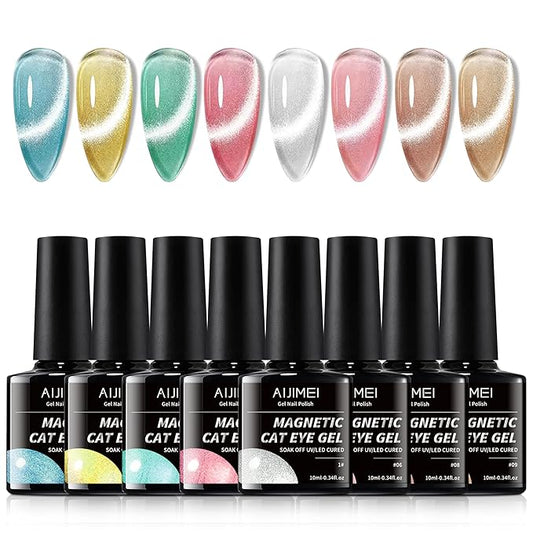 AIJIMEI Cat Eye Gel Polish Set - 8 Colors 10ML magnetic Gel Nail Polish Nail Art, Soak Off LED/UV Lamp Cured, Professional Salon Quality, Long Lasting Gel Nail Polish Kit