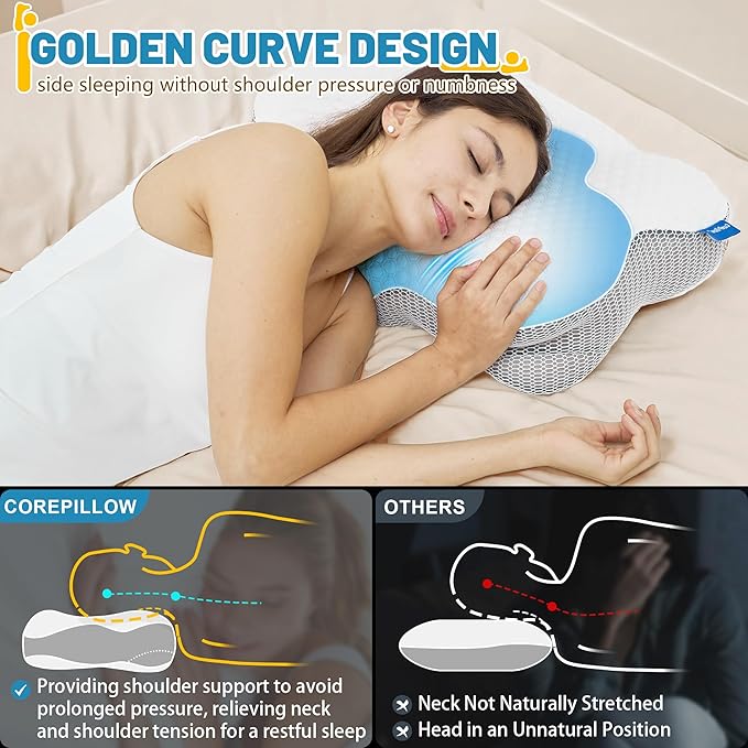 2 Pack Dream Without Pain Cervical Neck Support Pillow for Sleeping - Ergonomic Side Sleeper Pillows with Dual-Density Memory Foam, Cooling Pillow for Back Stomach Sleepers