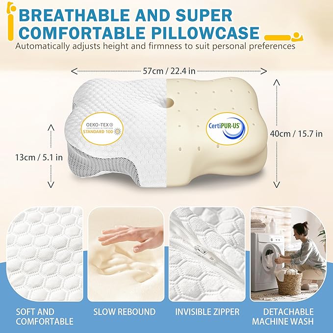 2 Pack Dream Without Pain Cervical Neck Support Pillow for Sleeping - Ergonomic Side Sleeper Pillows with Dual-Density Memory Foam, Cooling Pillow for Back Stomach Sleepers