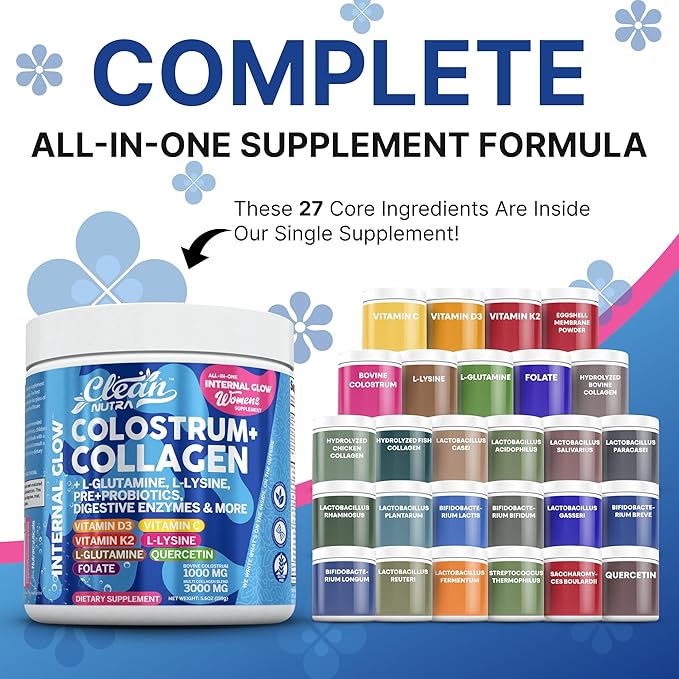 Bovine Colostrum Powder + Collagen Peptides with L-Glutamine L-Lysine Prebiotics Probiotics Digestive Enzymes Vitamin D K2 C Quercetin & Folate | Gut Health Supplement Internal Glow by Clean Nutra