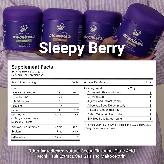 MoonBrew Nighttime Magnesium Sleepy Berry Smoothie, Natural Sleep Aid Drink Mix for Adults, 2-Pack - Calming Melatonin-Free Sleep Support with L-Theanine, Chamomile & Zinc Glycinate - 50 Servings