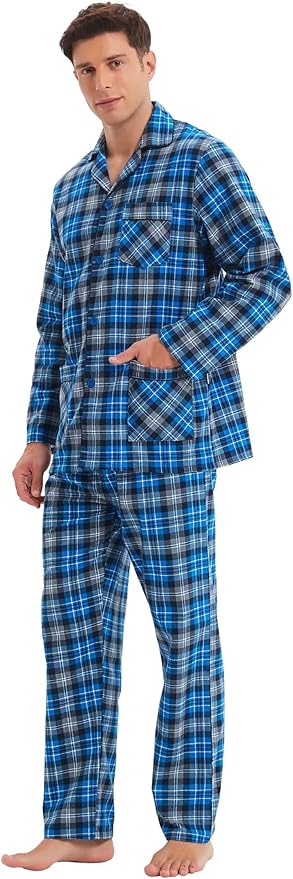 GLOBAL Men's Pajamas Sets 100% Cotton Flannel Sleepwear Long-Sleeve top & Bottom
