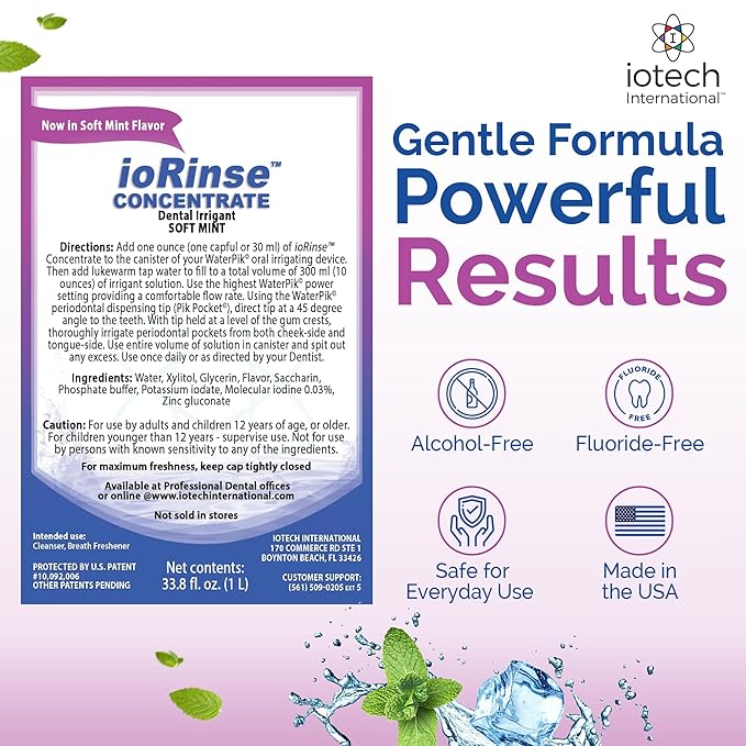 ioRinse Concentrated Irrigant with Active Molecular Iodine, Alcohol-Free Dental Irrigant, use with Water Flossers, and All Other Oral Irrigation Devices - Soft Mint