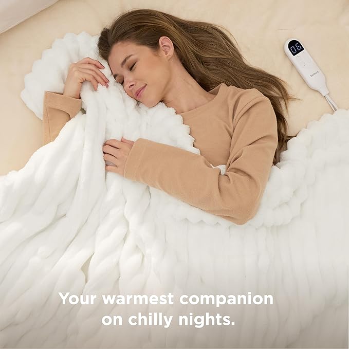 Bedsure Electric Blanket Full Size - Thick Striped Flannel Heated Blanket with 6 Heat Settings, 10 Time Settings, 8-Hour Timer Auto Shut Off, Gift for Grandma (72x84 inches, White)