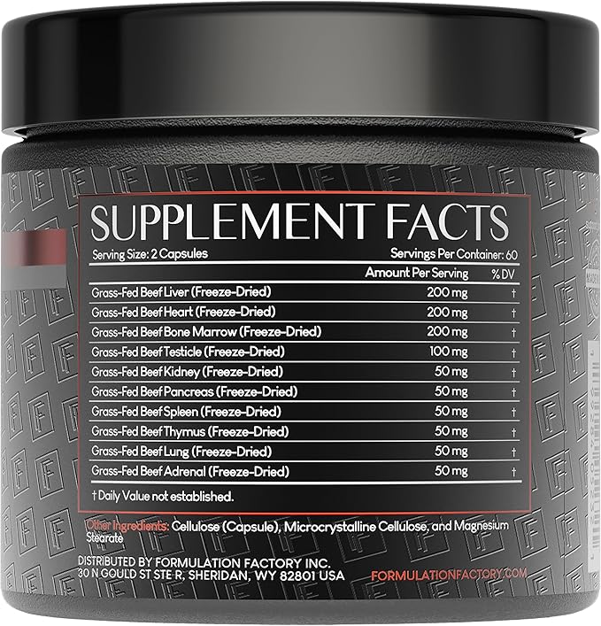 Formulation Factory Primal Power 10-in-1 Grass-Fed Organ Supplement with Beef Liver, Heart, Marrow, Testicle, Kidney, Supports Vitality, Hormones, Energy, Immunity (2 Month Supply, 120 Capsules)