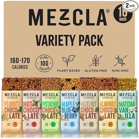 Mezcla Puff Crispy Protein Bars, Gluten Free & Vegan Protein Bars, 10g Protein, Alt for Crispy Rice Treat, Granola Bars & Breakfast Bars, Healthy Snacks for Adults, Variety Pack, 16 Count