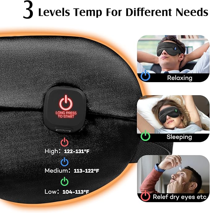 YFONG Cordless Heated Eye Mask for Dry Eyes, Warm Eye Compress for Stye, Blepharitis, Chalazion, MGD, Washable Heating Eye Mask for Sleeping, Travel, Office Nap, Perfect Light Blocking (Black)