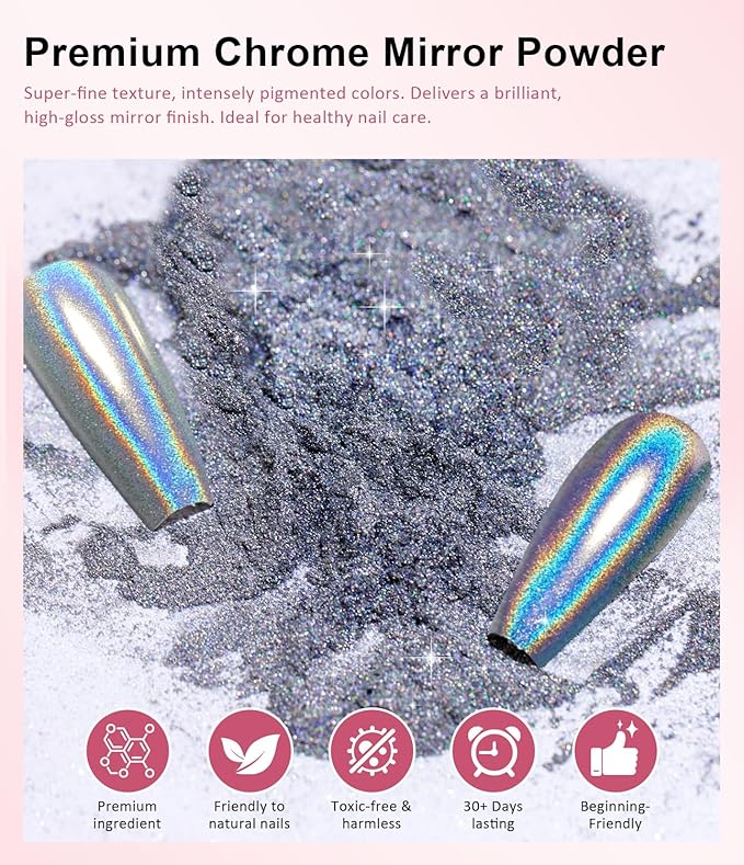 Gold Chrome Nail Powder - 6pcs Sparkly Laser Holographic Nail Powder Metallic Mirror Effect Pink Nail Chrome POwder, White Pearl Pigment Holo Iridescent Glitter Dust Kit, Nail Art Decoration