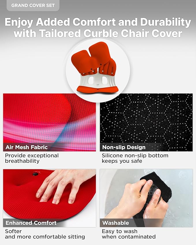 curble Grand(Extra Wide&Sturdy) Cover Set – Ergonomic Back Support Chair & Detachable Cover, Lumbar Support for Posture Corrector and Low Back Pain Relief, Perfect for Home Office Desk Chair(Set Red)