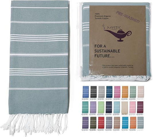 Turkish Beach Towel 100% Organic Cotton Extra Large Oversized (39 x 71 Inches) Quick Dry Sand Free Light Weight Prewashed for Bath Beach Gym Yoga Travel Towel Blanket (Sea Glass)