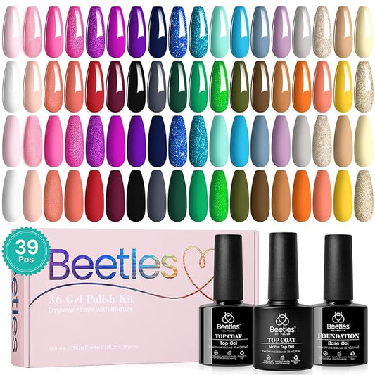 Beetles Fall Gel Nail Polish Set, 36 Colors Gel Polish Set Sparkle Red Pink Glitter Black Nail Kit Free Journey Collection with 3Pcs Base Top Coat Soak off Uv Gel Polish Manicure Kit