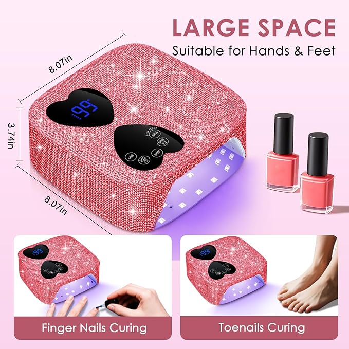 UV LED Nail Lamp Cordless, HUITINE 80W Rechargeable UV Light for Gel Nails with 5 Timers & Mirror Base, Professional Gel Light Dryer, Sparkling Rhinestones Curing Lamp for Salon & Home (Pink Diamond)