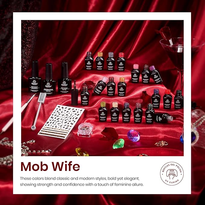 Beetles Winter Gel Polish Kit- Cat Eye Glitter 20 Colors Leopard-Print Theme Gel Polish With Sticker Rhinestone Base Coat Glossy & Matte Top Coat Mob Wife Collection Soak off Uv Gel Gifts for Women