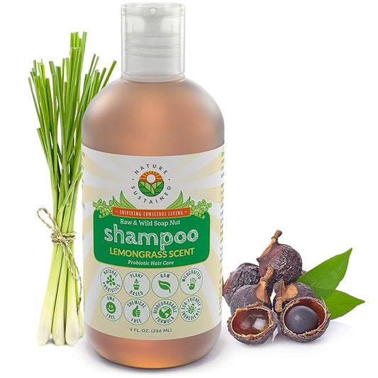 Nature Sustained Organic Shampoo - Raw & Wildcrafted with Probiotics, Hypoallergenic Natural & Sulfate Free Shampoo for Sensitive Scalp, Dry Hair, Dandruff, Eczema & Psoriasis, 9oz, Lemongrass