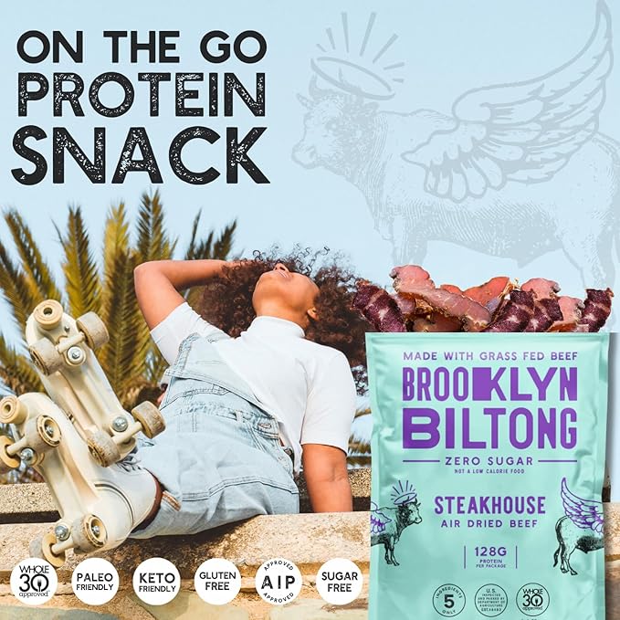Brooklyn Biltong Air Dried Grass Fed Beef Snack, South African Beef Jerky (8 oz, Pack of 2) - Whole30 Approved, Paleo, Keto, Gluten Free, Sugar Free, Made in USA - (Steakhouse)