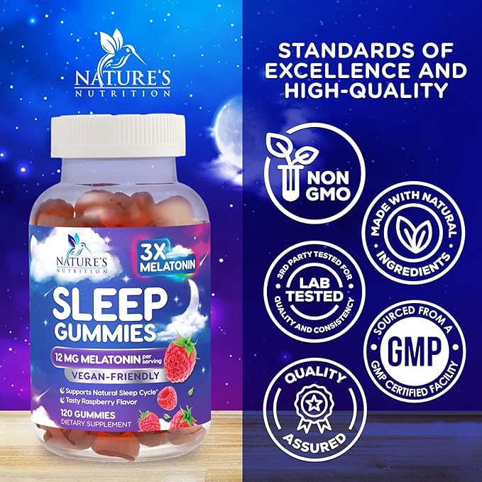 Sleep Gummies for Adults Extra Strength - 12 mg Melatonin Sleep Gummy Supplement, Melatonin Gummy for Occasional Sleep Support Supplement, Vegan, Non-GMO, Gluten Free, Gomitas para Dormir, 120 Gummies