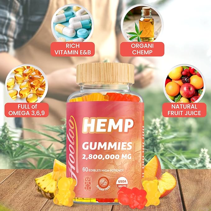 HOOLOO Hemp Gummies for Happier Bedtimes & Focus, Extra Strength 2,800,000mg Hemp Oil Infused, Gummy Bears Fruity, Sugar Free, Made in USA
