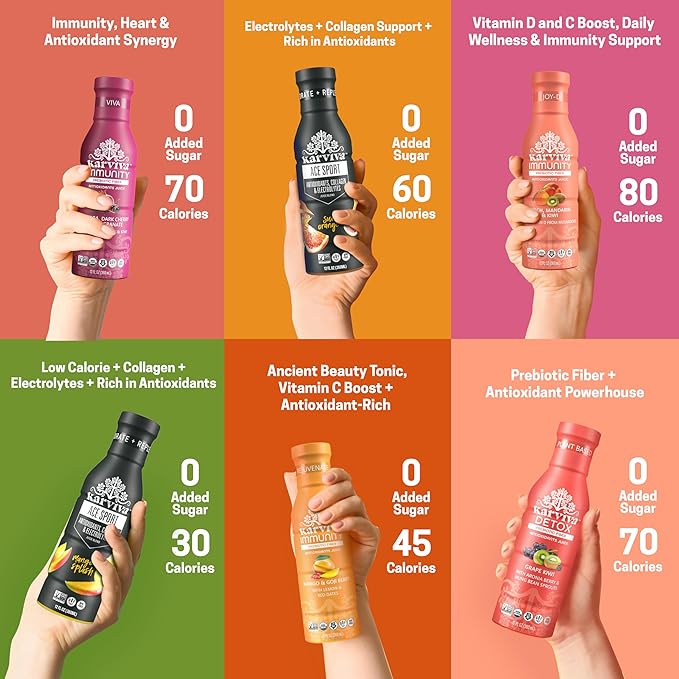 Karviva Organic Detox Juice Cleanse & Immunity Boost, Ancient Remedies for Gentle Detox & Restore Digestion, Prebiotics, Vitamin C, D & Marine Collagen, Low-Sugar, Gluten-Free, 1 to 3 Day Use, (6 BPA-Free Bottles, 12 oz Each)
